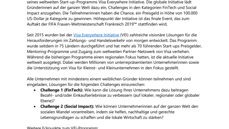 Visa startet ersten weltweiten Wettbewerb für Gründerinnen