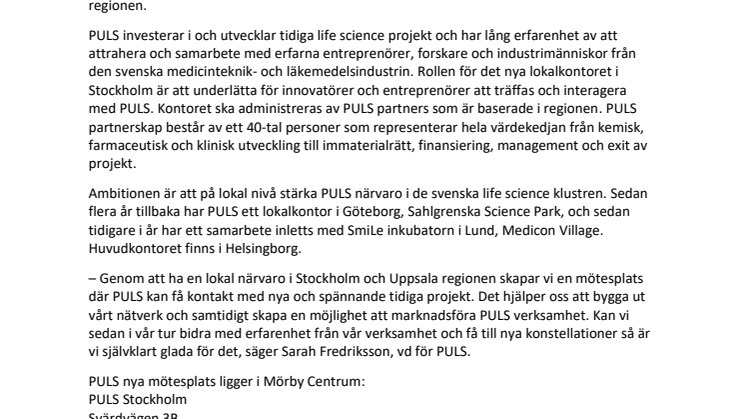 Life science-bolaget PULS skapar en mötesplats i Stockholm och Uppsala regionen