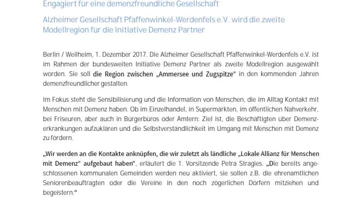 Engagiert für eine demenzfreundliche Gesellschaft: Alzheimer Gesellschaft Pfaffenwinkel-Werdenfels e.V. wird die zweite Modellregion für die Initiative Demenz Partner