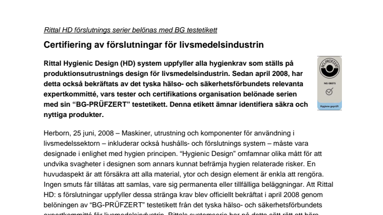 Rittal Hygienic Design förslutnings serier belönas med BG testetikett