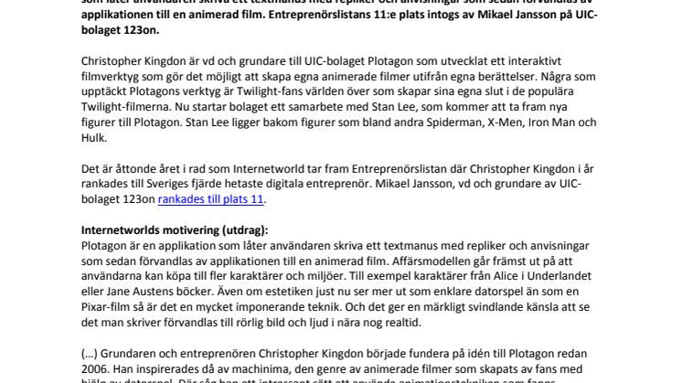 Internetworld rankar Chris Kingdon på Plotagon som Sveriges 4:e hetaste digitala entreprenör