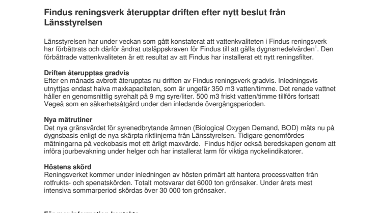 Findus reningsverk återupptar driften efter nytt beslut från Länsstyrelsen 