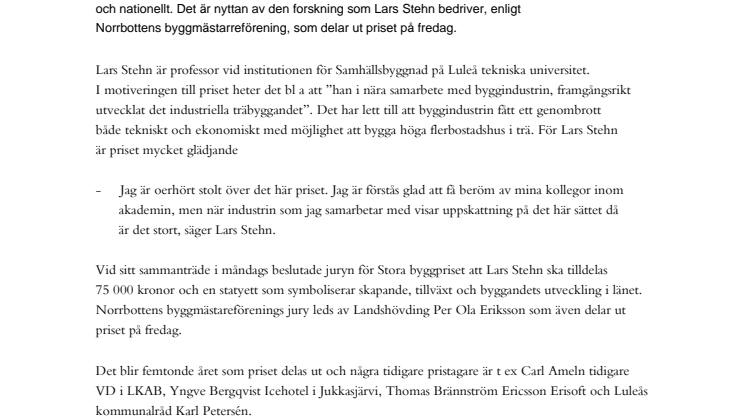 Stort byggpris till professor på LTU