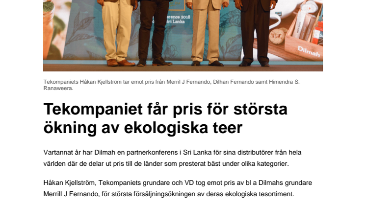 Tekompaniet får pris för största ökning av ekologiska teer