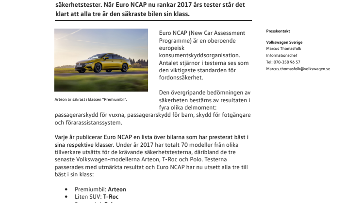 Euro NCAP: tre nya Volkswagen-modeller är säkrast i klassen