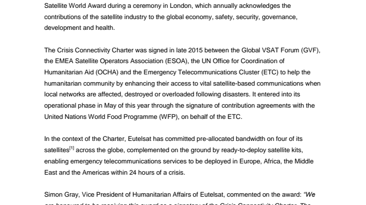 Eutelsat takes home SSPI Better Satellite World Award for its support of the Crisis Connectivity Charter