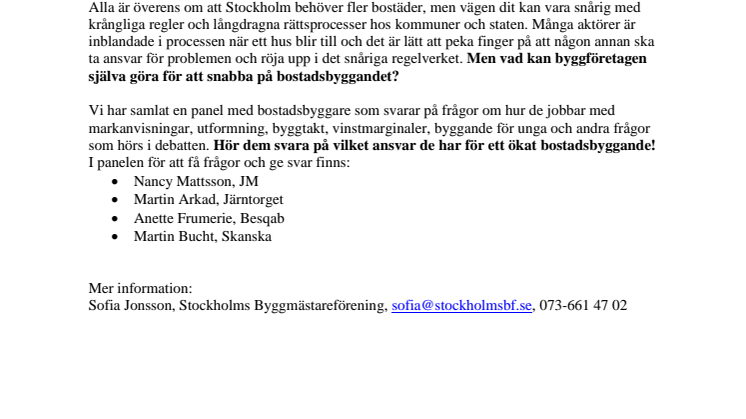 Pressinbjudan: Vilket ansvar har byggföretagen för ett ökat bostadsbyggande? 