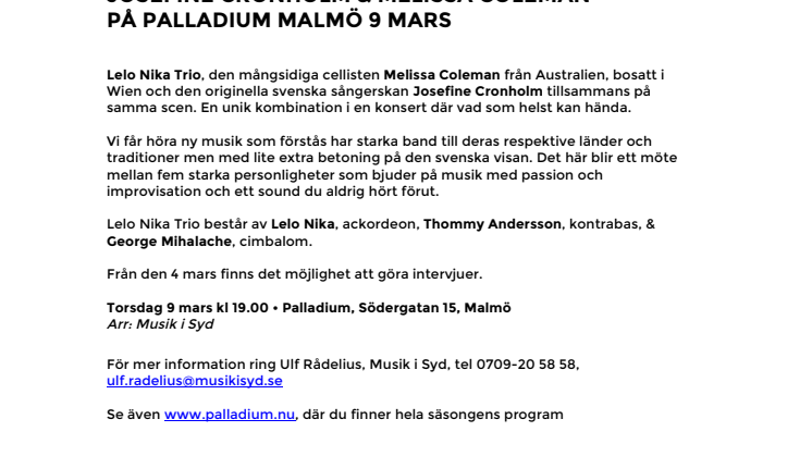 Unik konstellation där allt kan hända – Lelo Nika Trio feat. Josefine Cronholm & Melissa Coleman på Palladium Malmö 9 mars