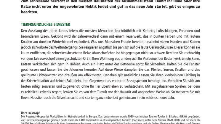 Fressnapf Tier-Ratgeber 12/17: Tierisch schöner Jahreswechsel