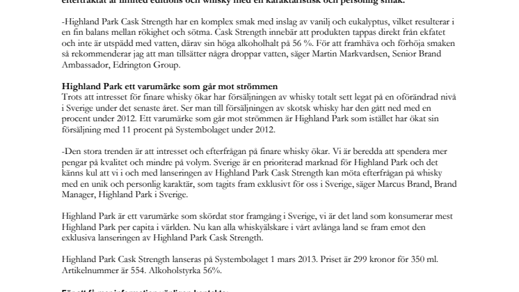 Highland Park Cask Strength - exklusivt för svenska marknaden