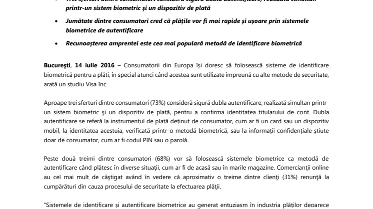 Consumatorii din Europa vor să utilizeze sisteme de identificare biometrică pentru securizarea plăților
