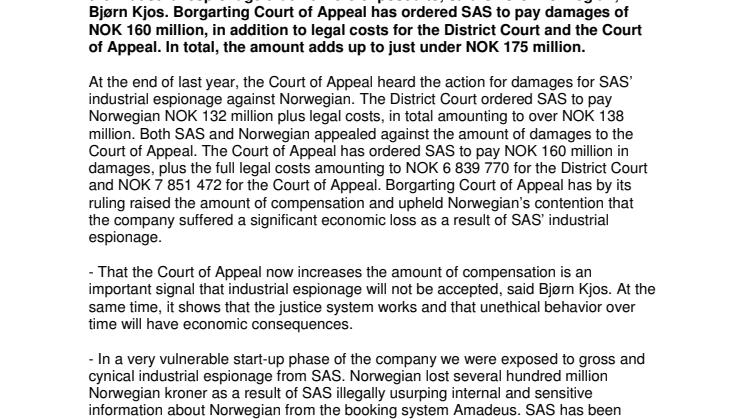 SAS ordered to pay Norwegian close to NOK 175 million for industrial espionage 