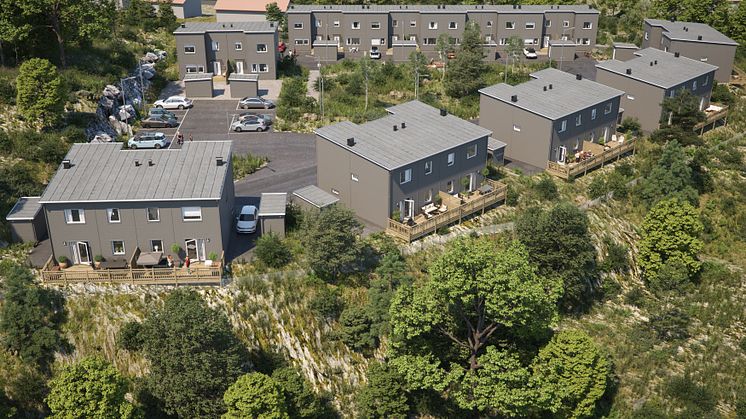 Översiktsillustration av de nya husen i BoKlok Sälgen, Strömstad.