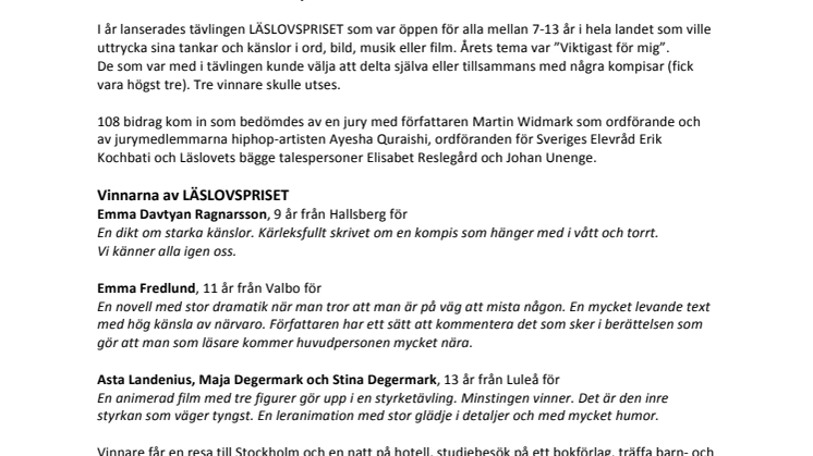 Vinnarna av Läslovspriset och programmet för Läslovsfestivalen