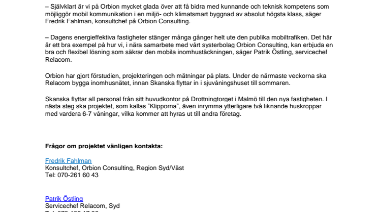 Orbion Consulting och Relacom bygger mobilt inomhusnät åt Skanska 