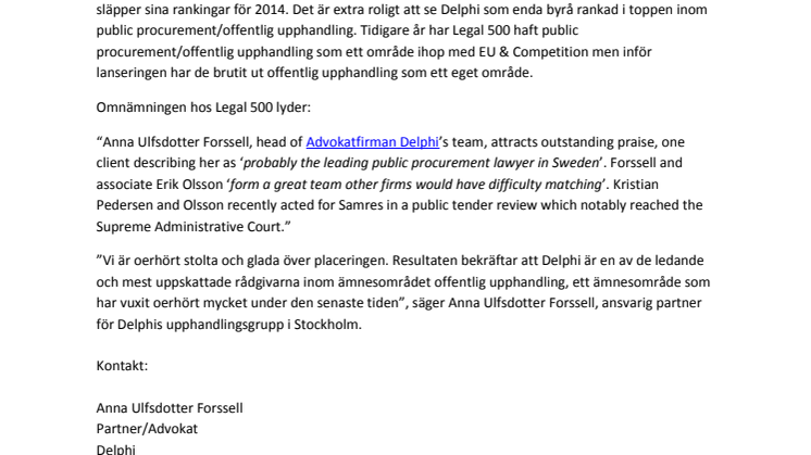 Legal 500 publicerar nya rankingar - Delphi ensam på topplacering inom området offentlig upphandling