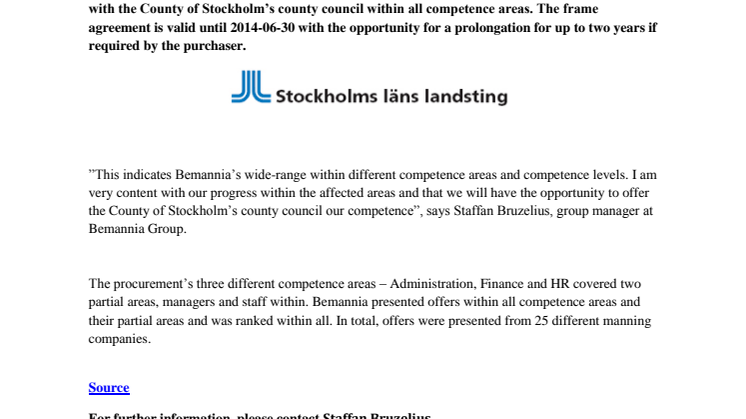 Bemannia - the only manning company that signs agreement with the County of Stockholm’s county council within all categories