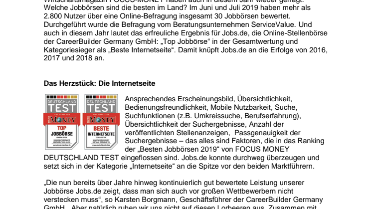 FOCUS DEUTSCHLAND TEST „Beste Jobbörsen“:  Jobs.de ist erneut „Top Jobbörse“ und Kategoriesieger als „Beste Internetseite“