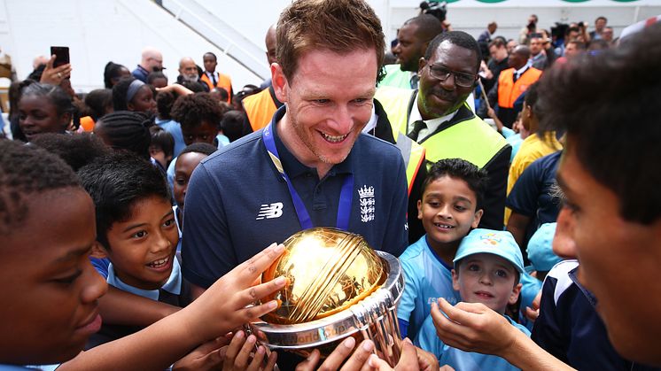 England ODI Captain Eoin Morgan celebrates ICC Men's World Cup win with kids from the All Stars Cricket programme