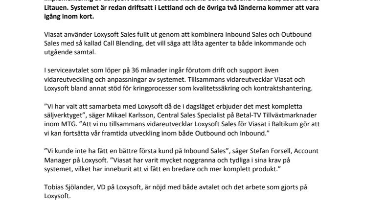 Loxysoft levererar Inbound Sales till Viasat i Baltikum