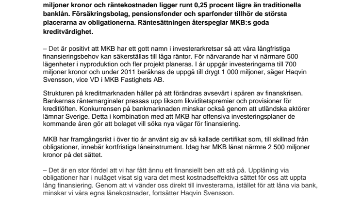 Ny finansiering tryggar MKB:s framtida bostadsinvesteringar 