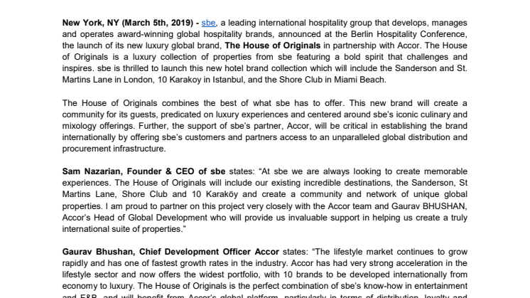 sbe ANNOUNCES THE LAUNCH OF NEW LUXURY GLOBAL LIFESTYLE HOTEL BRAND – THE HOUSE OF ORIGINALS