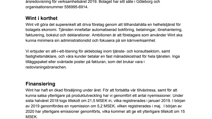 Bokföringstjänsten Wint visar upp en kraftigt ökad tillväxttakt under 2019