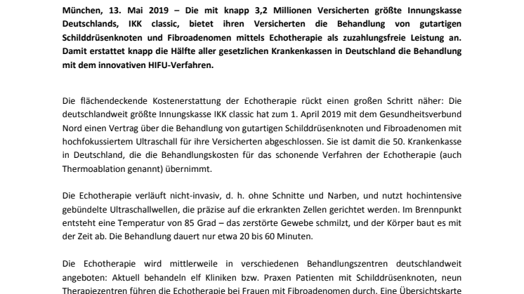 IKK classic übernimmt die Kosten für die Echotherapie bei Schilddrüsenknoten und Fibroadenomen