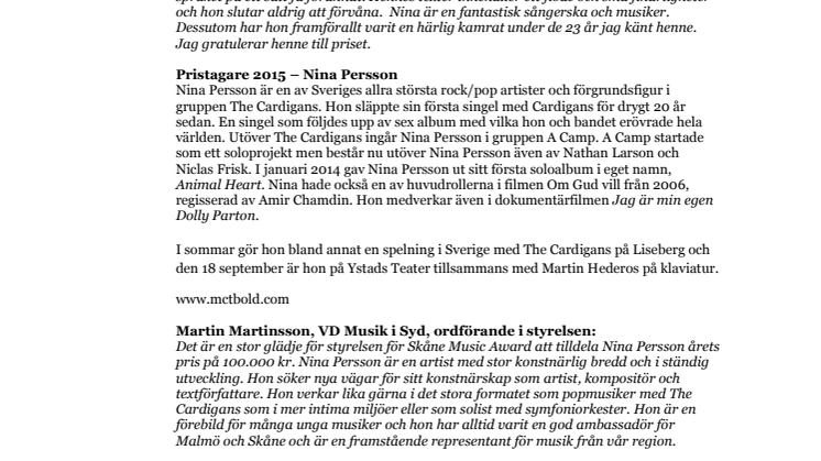 Skåne Music Award 2015 tilldelas Nina Persson