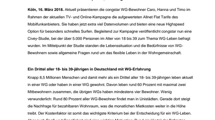 congstar Studie zu Wohngemeinschaften: WLAN ist das wichtigste WG-Gut