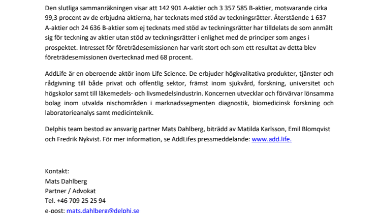 Delphi rådgivare till AddLife AB (publ) vid övertecknad företrädesemission om 500 MSEK
