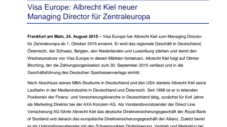 Visa Europe: Albrecht Kiel neuer Managing Director für Zentraleuropa