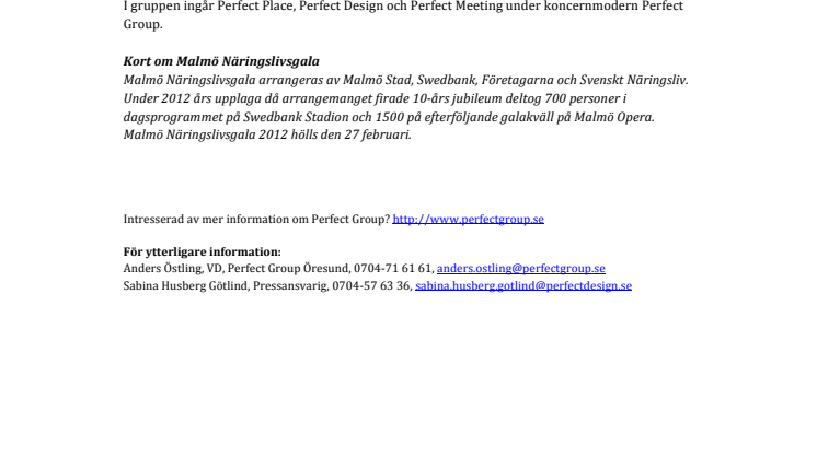 Perfect Group fortsätter sponsra Malmö Näringslivsgala 2013