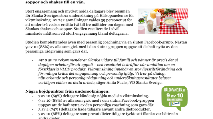9 av 10 rekommenderar Slankas produkter 