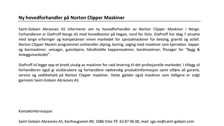 Ny hovedforhandler på Norton Clipper Maskiner