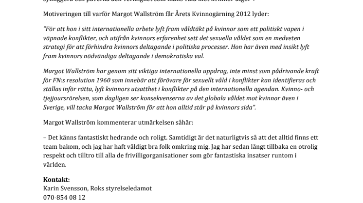 Årets kvinnogärning tilldelas Margot Wallström