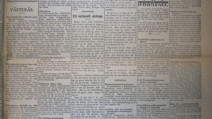 Anders Pers artikel Ett nationellt skidlopp Vestmanlands Läns Tidning 1922_02_10
