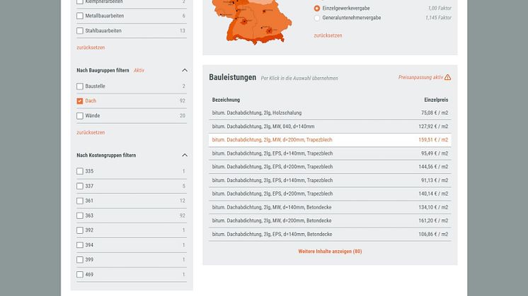Die Datenbank enthält Orientierungspreise auf Basis von mehr als 2.800 ausgewerteten Angeboten.