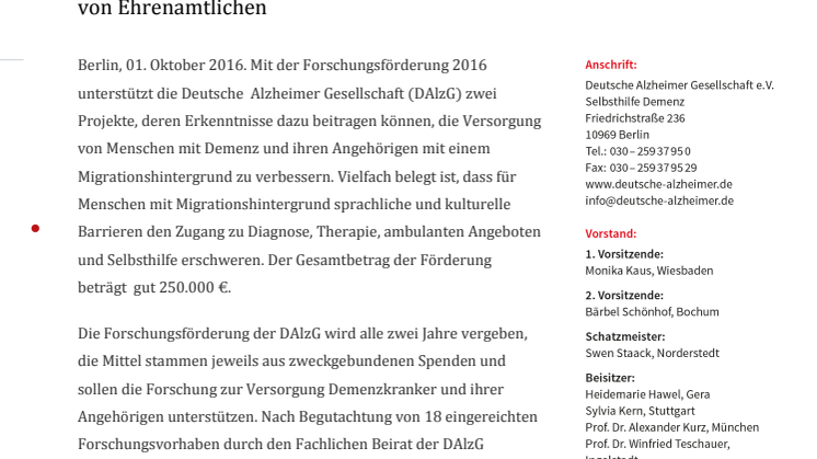 Forschungsförderung 2016 der Deutschen Alzheimer Gesellschaft:  Besserer Zugang zu Diagnose und Selbsthilfeförderung für Menschen mit Migrationshintergrund und Ehrung von Ehrenamtlichen