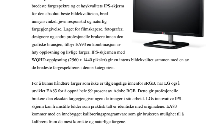 LG LANSERER HØYOPPLØST GRAFIKERSKJERM MED IPS-TEKNOLOGI OG FANTASTISK FARGESPEKTER