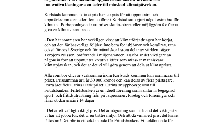 Dags att nominera till Karlstads kommuns klimatpris 2018