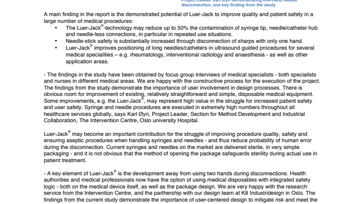 The Intervention Centre, Oslo University Hospital – Final Report Luer-Jack® 