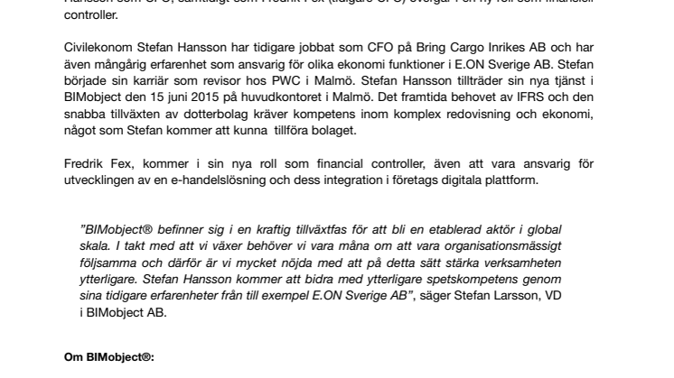 BIMobject AB förstärker sitt management team inom finans