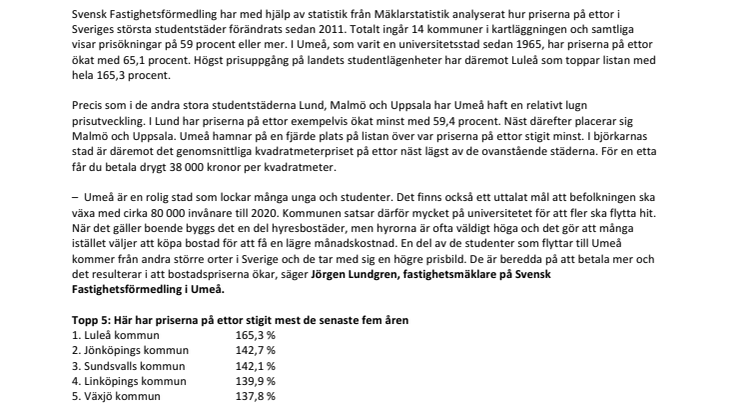Ny kartläggning visar: Stabil prisökning på enrumslägenheter i Umeå 