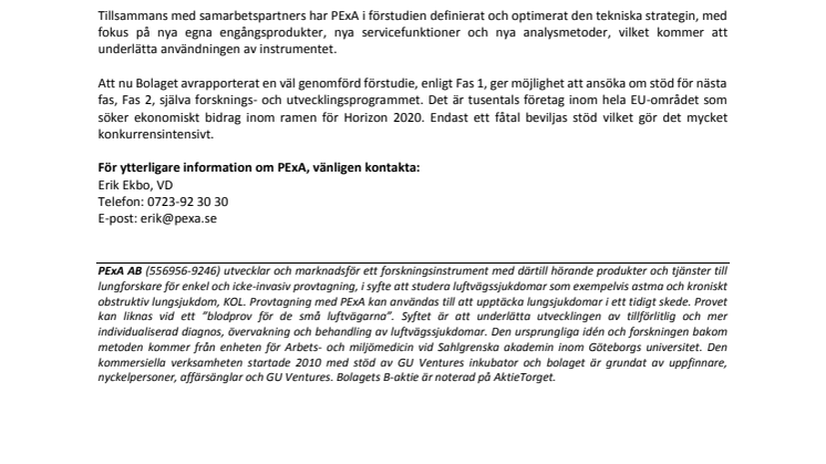 PExA har rapporterat Fas 1 till European Commission inom Horizon 2020
