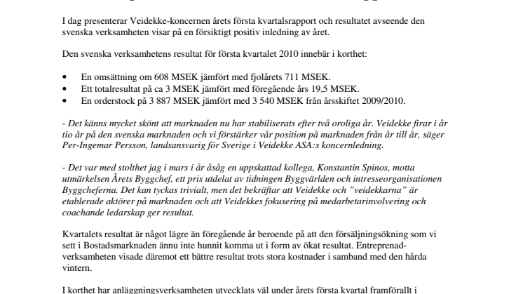 Veidekke presenterar årets första kvartalsrapport