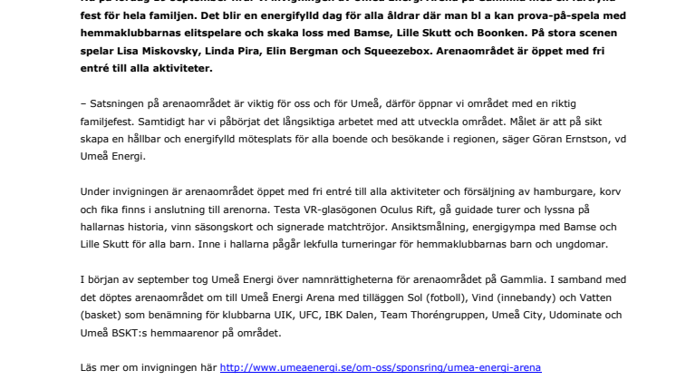 Energifylld invigning av Umeå Energi Arena lördag 19 september