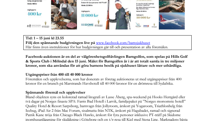 Nu startar Barngolfens Facebook-auktion – ett tjugotal spännande föremål och upplevelser auktioneras ut till förmån för Insamlingsstiftelsen hos Drottning Silvias barn- och ungdomssjukhus