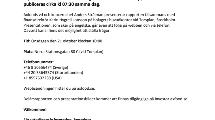 Inbjudan till presentation av Axfoods delårsrapport för tredje kvartalet 2015