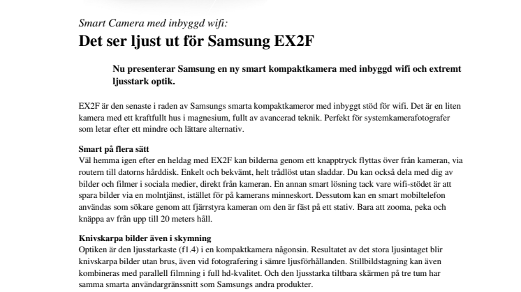 Smart Camera med inbyggd wifi: Det ser ljust ut för Samsung EX2F